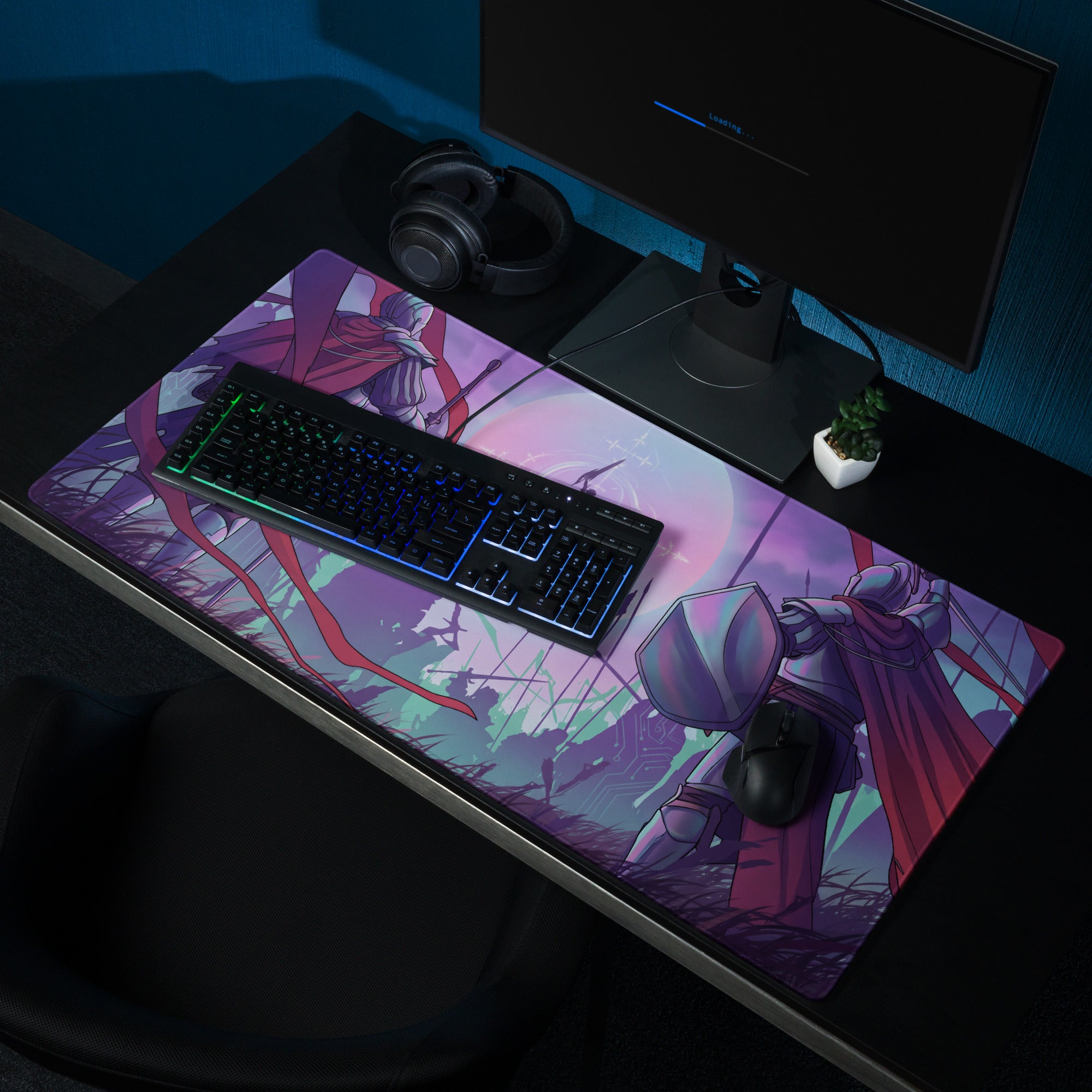 Vibrant purple and pink vaporwave neon knight gaming mouse pad with armored knight and dynamic battle backdrop