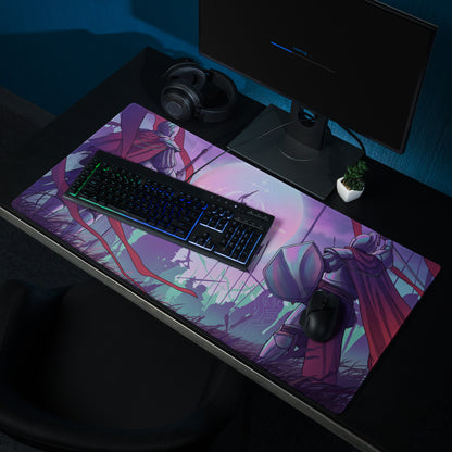 Vibrant purple and pink vaporwave neon knight gaming mouse pad with armored knight and dynamic battle backdrop