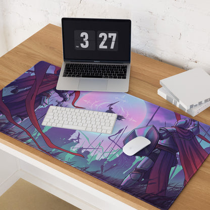 Vibrant purple and pink vaporwave neon knight gaming mousepad with detailed armored characters in dynamic combat poses