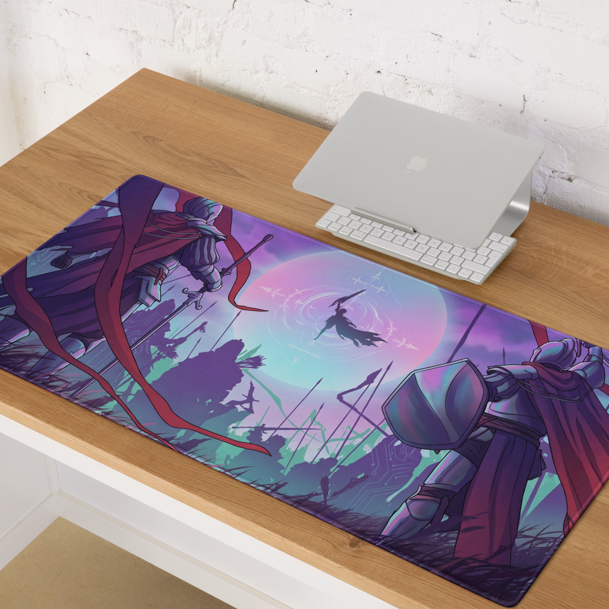 Vaporwave neon knight pad gaming mouse pad with vibrant purple teal fantasy knights under glowing moon design