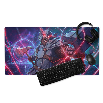 Vibrant rectangular vaporwave power warrior gaming mouse pad with thor illustration glowing red eyes lightning effects