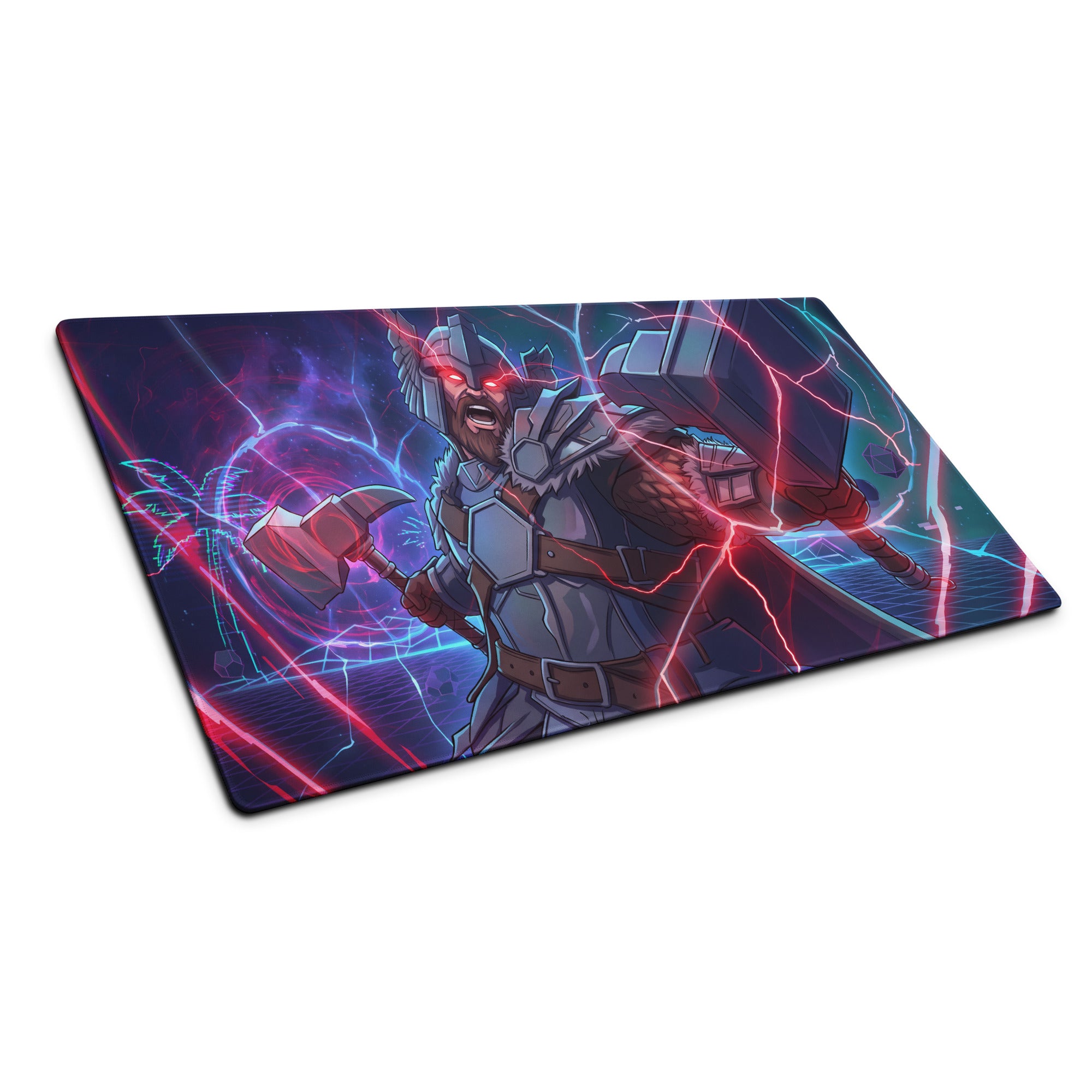 Vibrant vaporwave power warrior gaming mousepad with thor in metallic armor and neon pink purple blue lightning design
