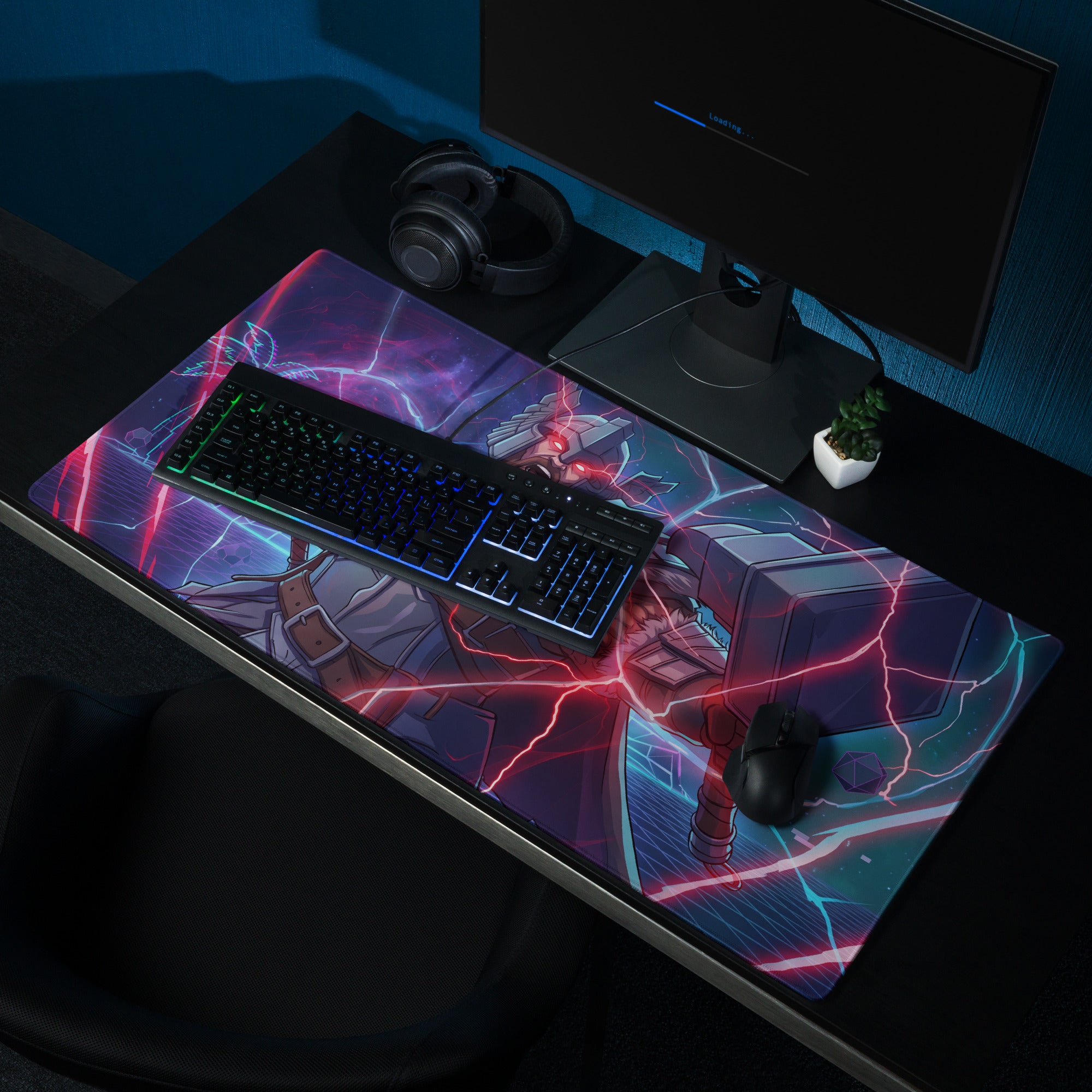 Vaporwave power warrior gaming mouse pad with neon pink blue lightning and detailed anime-style mecha design