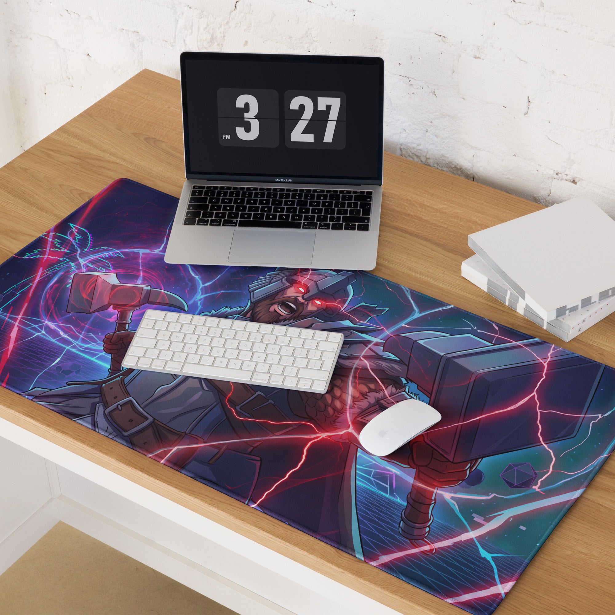 Vibrant vaporwave power warrior gaming mouse pad featuring thor with hammer amid neon pink purple blue lightning effects