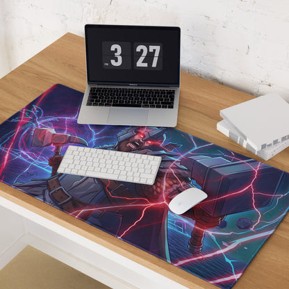 Vibrant vaporwave power warrior gaming mouse pad featuring thor with hammer amid neon pink purple blue lightning effects