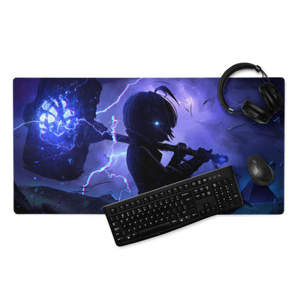 Purple and blue vaporwave neon surge gaming mouse pad featuring anime character with lightning-infused weapons digital art