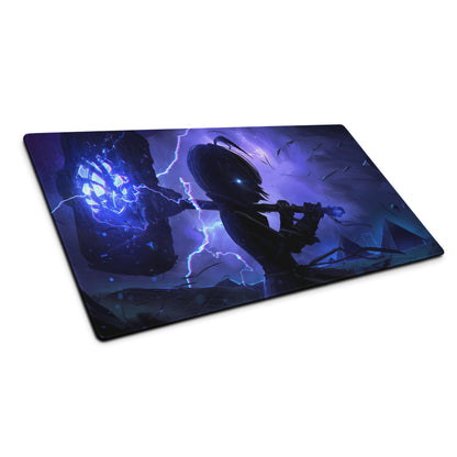 Rectangular vaporwave neon surge mouse pad with a dark anime character wielding lightning on a purple black stormy background