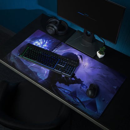 Vaporwave neon surge mouse pad with purple and blue illuminated surface featuring dynamic fantasy character design