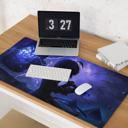 Vibrant blue and purple vaporwave neon surge anime-themed gaming mousepad with dynamic lightning and dark silhouette design