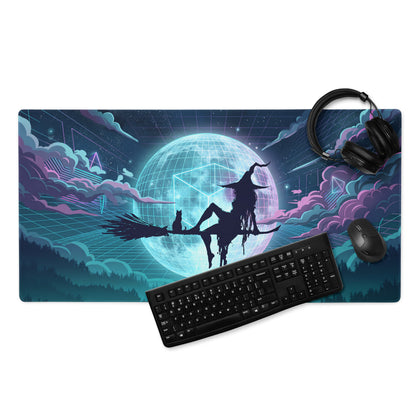 Narrow rectangular vaporwave neon globe gaming mousepad with a witch silhouette against a blue purple retro moon
