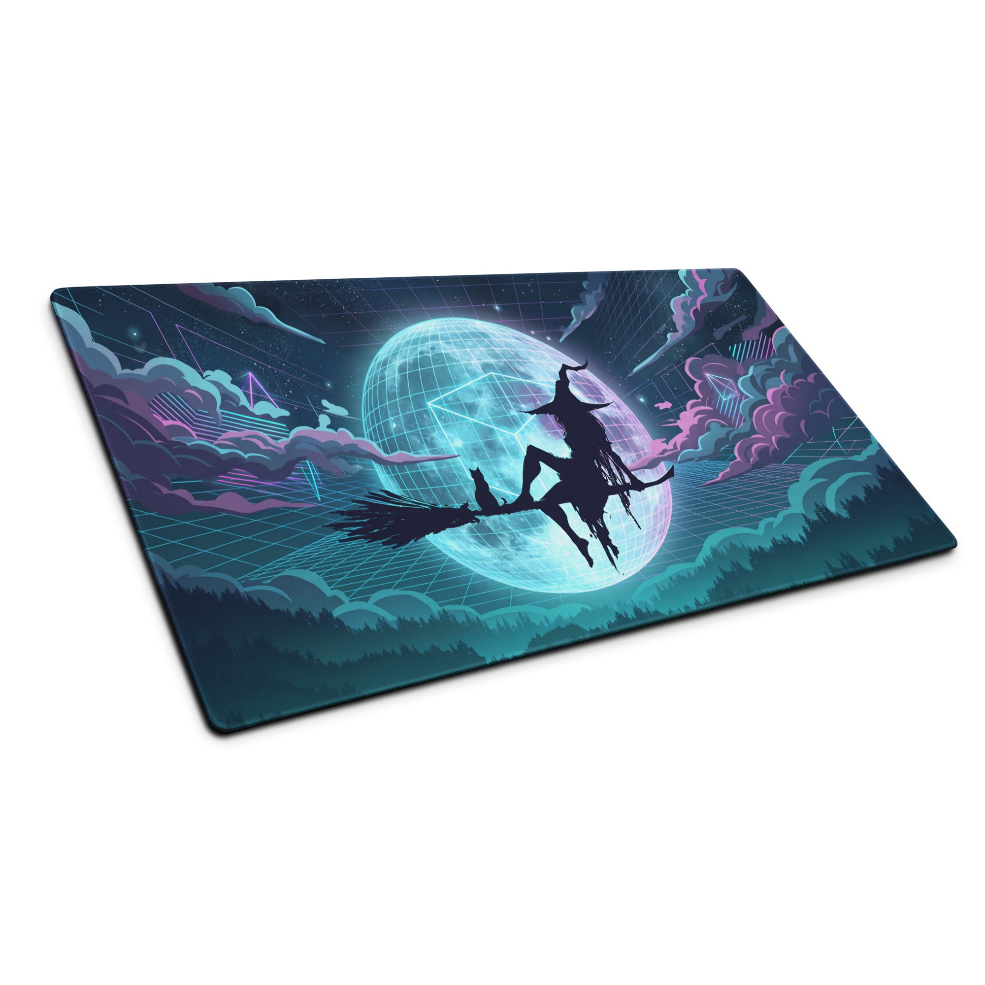 Nebula-themed vaporwave neon globe gaming mousepad featuring a witch on broomstick with teal and purple clouds and grid moon