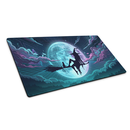 Nebula-themed vaporwave neon globe gaming mousepad featuring a witch on broomstick with teal and purple clouds and grid moon