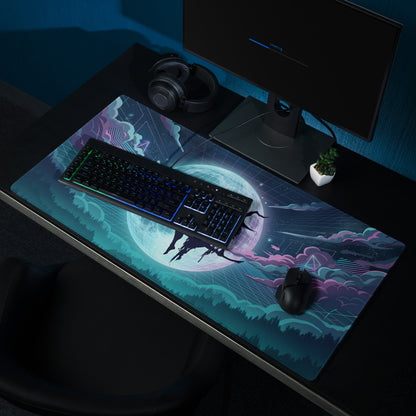 Vaporwave neon globe pad gaming mousepad with nebula cosmic design in purples blues and teal hues for neon desk art