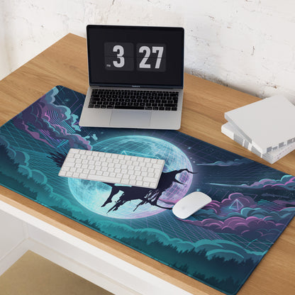 Navy blue and teal cosmic-themed vaporwave mousepad with a witch flying over a glowing globe and purple clouds