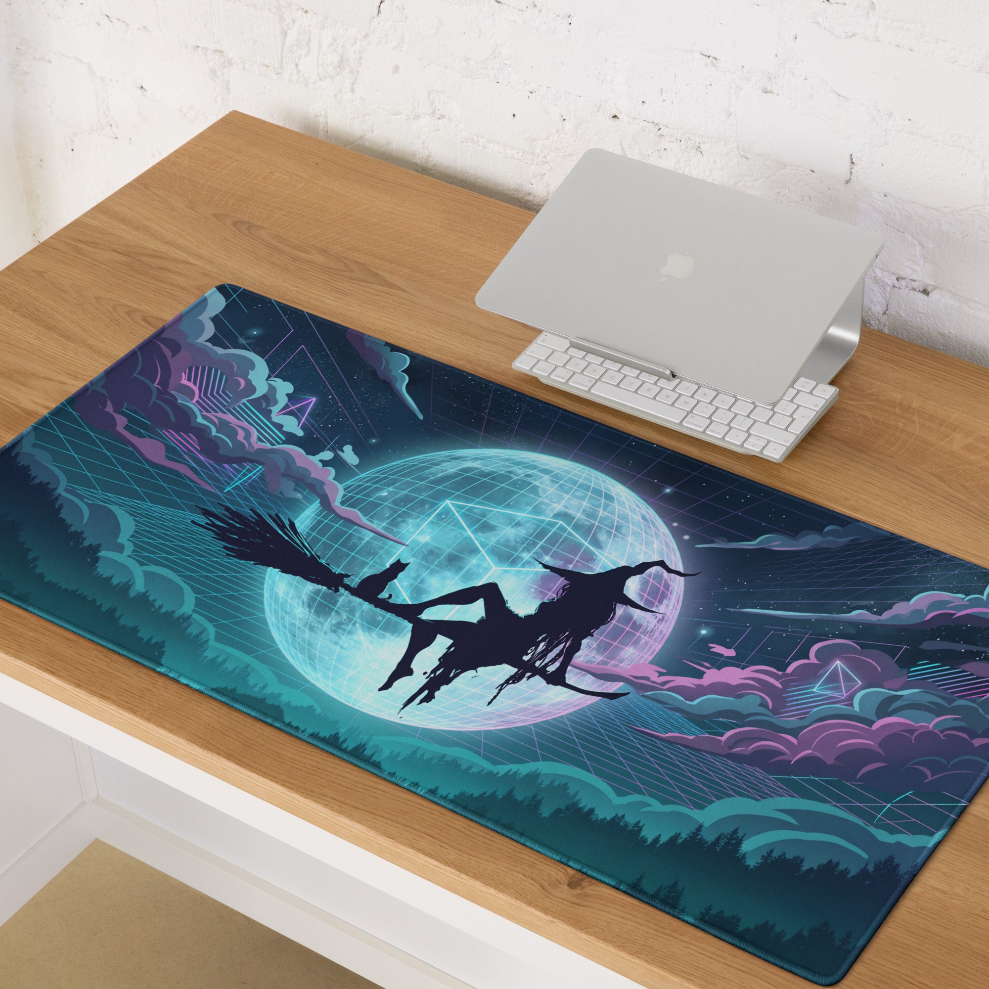 Navy blue and teal neon cyberpunk witch on broomstick across glowing moon on vaporwave neon globe gaming mousepad