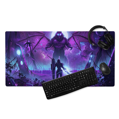 Purple and black fantasy-themed gaming mousepad with glowing werewolf and warrior for keyboard and mouse use