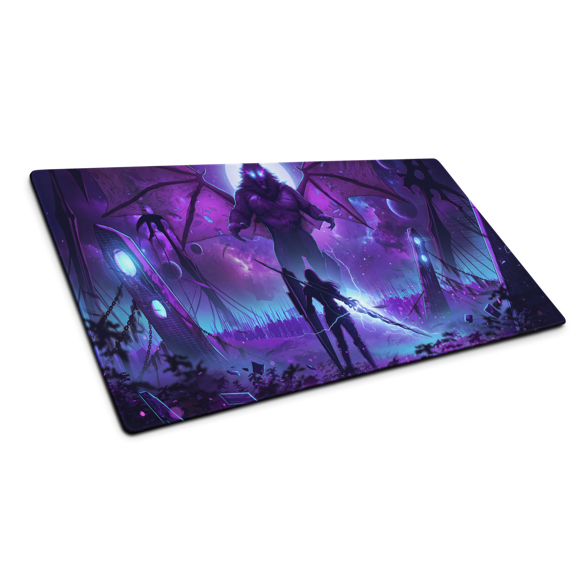 Purple and blue fantasy-themed vaporwave neon dragon gaming mousepad with dramatic characters on otherworldly landscape