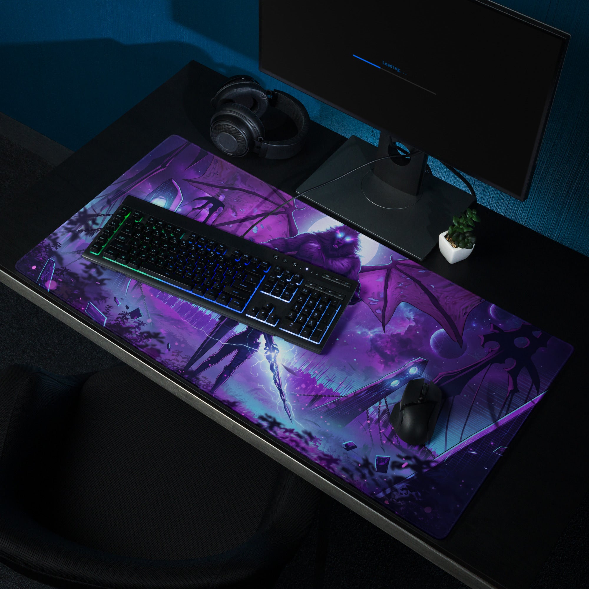 Purple and black fantasy gaming mousepad featuring a neon dragon winged creature in a mystical vaporwave landscape
