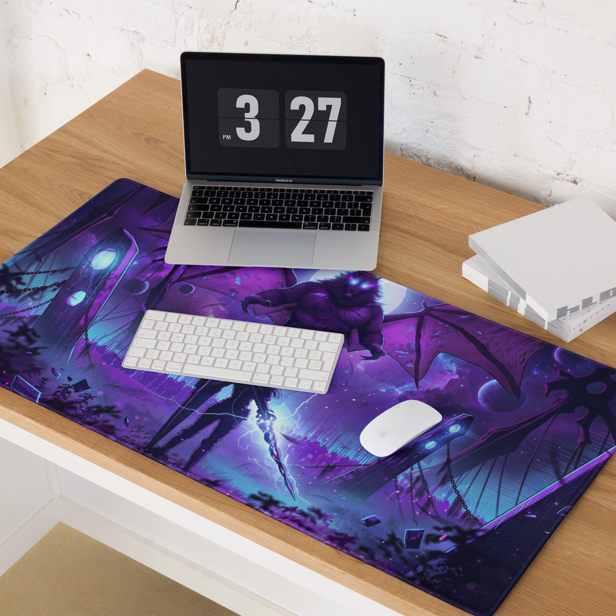 Purple and blue vaporwave neon dragon gaming mousepad with glowing eyes lightning and cosmic digital art design
