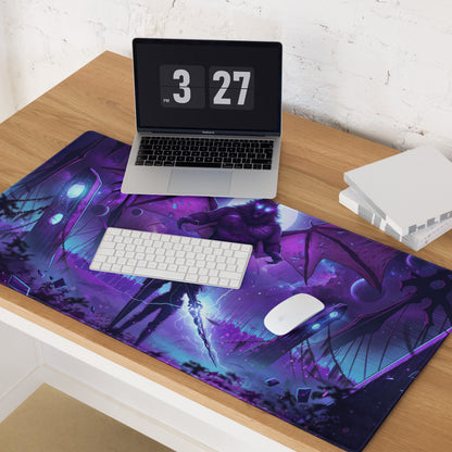 Purple and blue vaporwave neon dragon gaming mousepad with glowing eyes lightning and cosmic digital art design