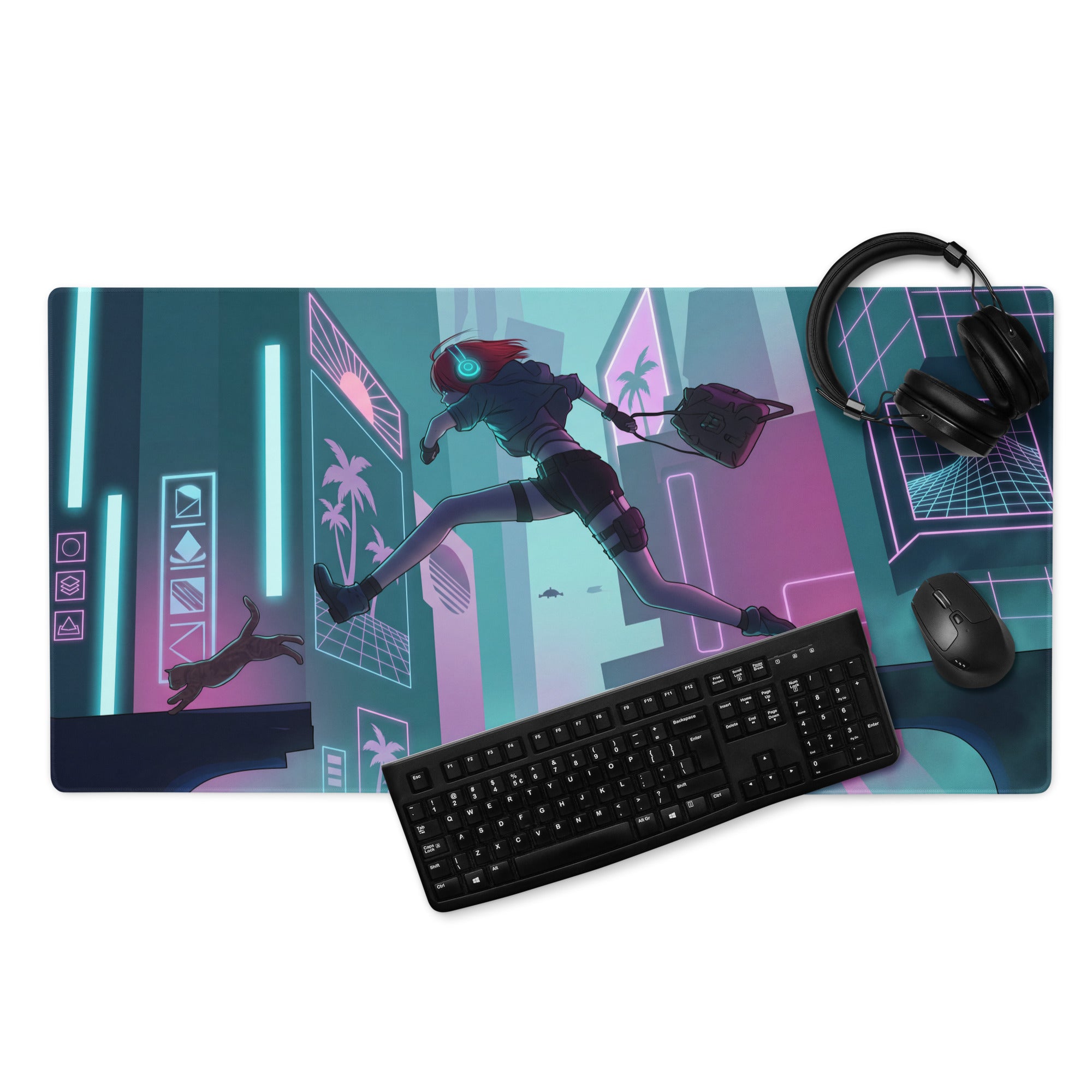 Neon vaporwave gaming mousepad featuring vibrant cyberpunk anime character with neon purple blue nebula cityscape design