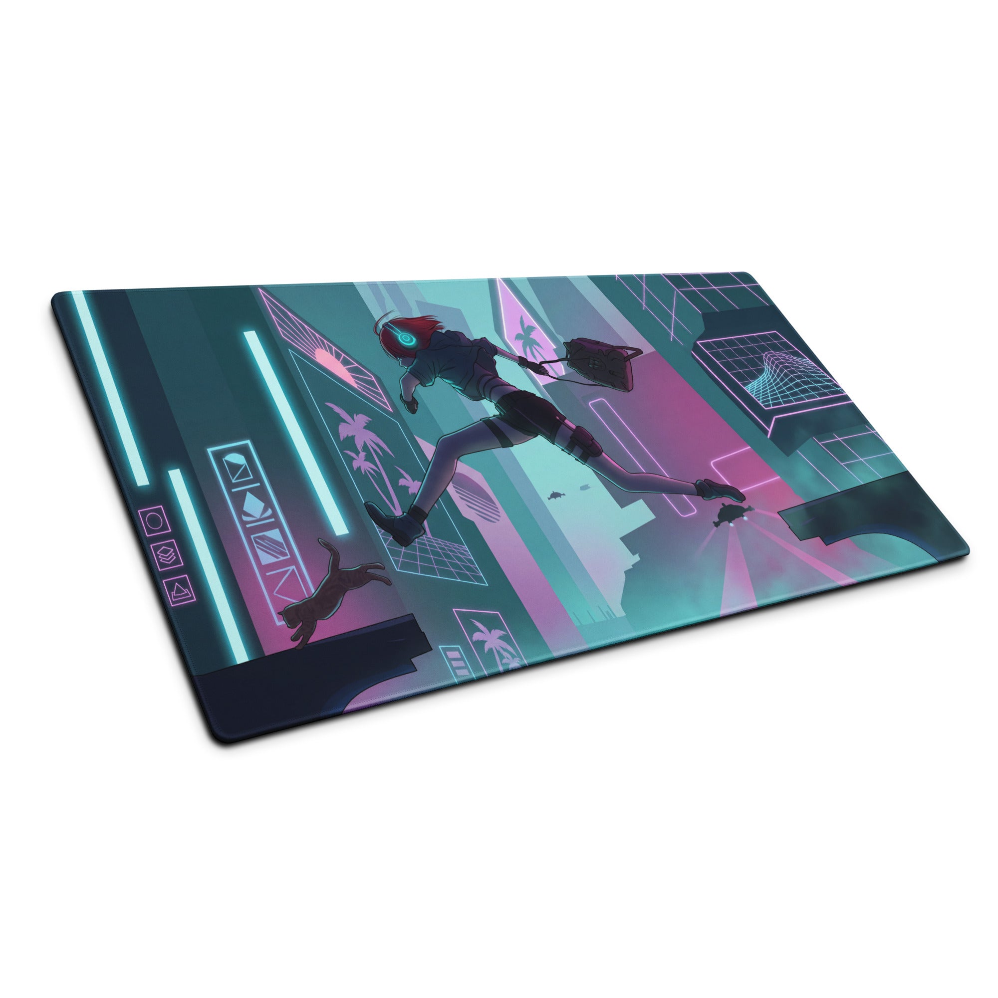 Narrow rectangular neon vaporwave gaming mousepad with vibrant teal and pink cyberpunk anime cityscape design