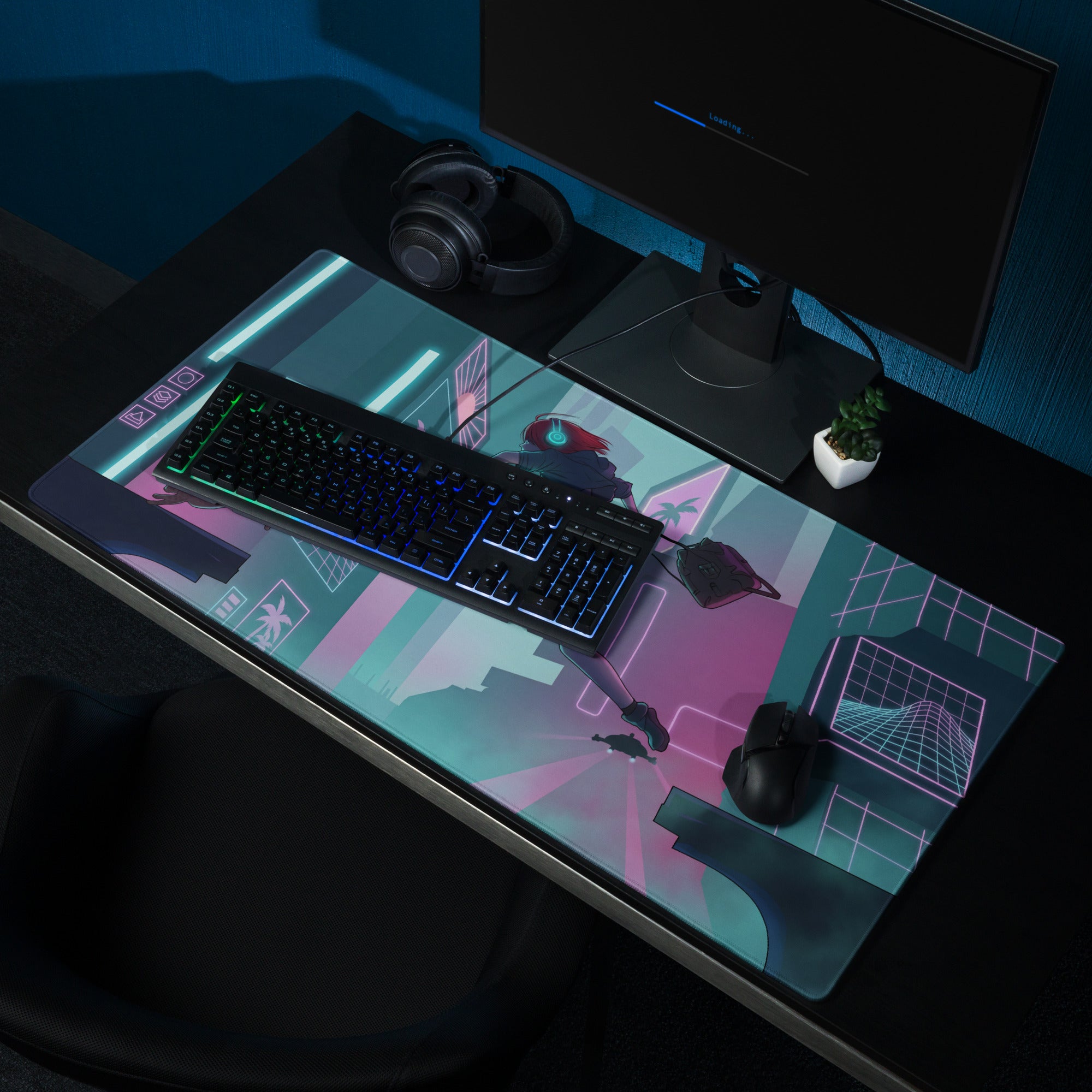 A vibrant neon purple and blue gaming mousepad with a cyberpunk anime design and glowing grid lines for desks
