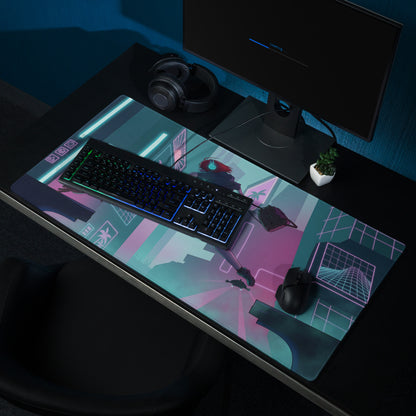A vibrant neon purple and blue gaming mousepad with a cyberpunk anime design and glowing grid lines for desks