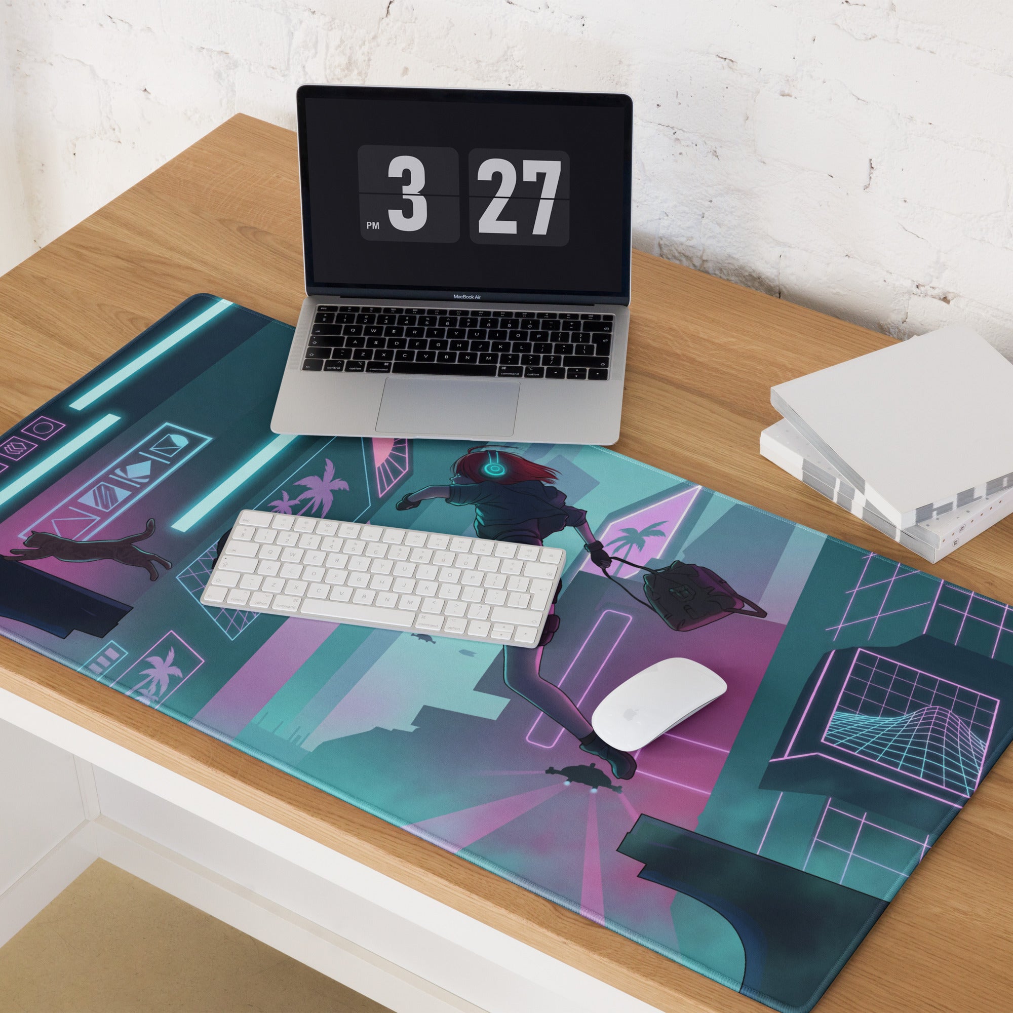 Neon vaporwave gaming mouse pad with neon purple blue futuristic cityscape design for cyberpunk desk setup