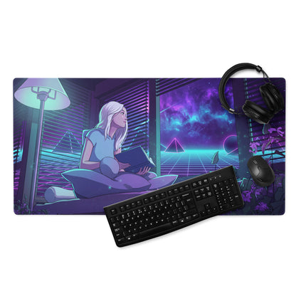Neon vaporwave gaming desk pad in purple and teal with a stylized woman reading by a cosmic window design