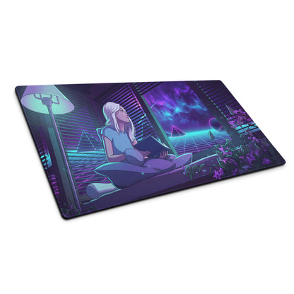 Nineteen-inch rectangular neon vaporwave gaming mousepad with vibrant purple blue anime-style retro-futuristic design