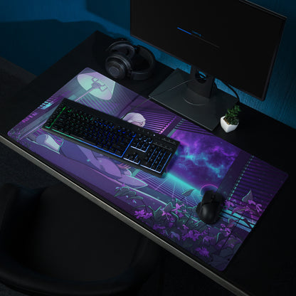 Neon vaporwave gaming desk pad featuring a purple and teal futuristic cityscape design for anime-themed setups