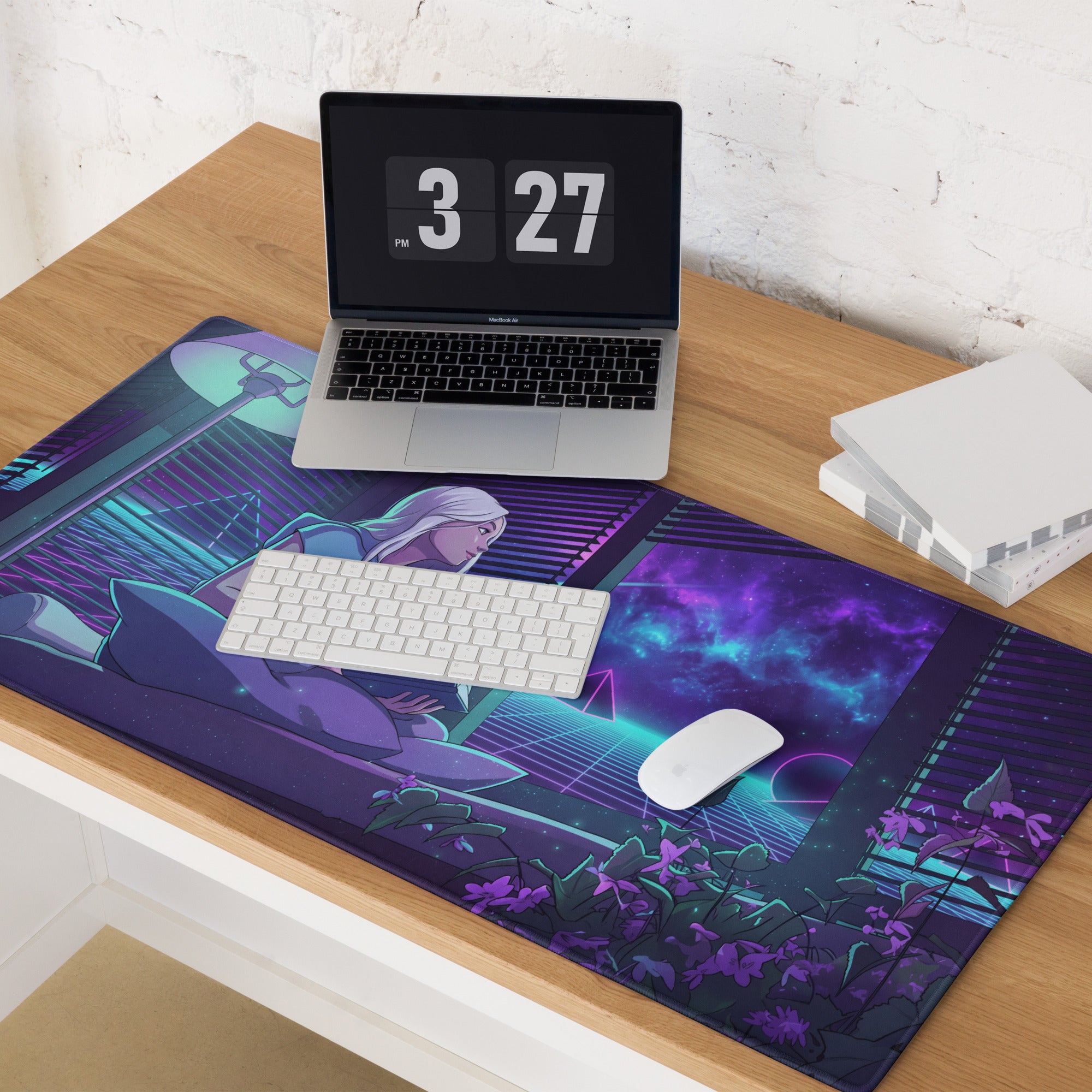 Neon vaporwave gaming desk pad featuring a vibrant purple and teal cyberpunk anime character in a futuristic cityscape