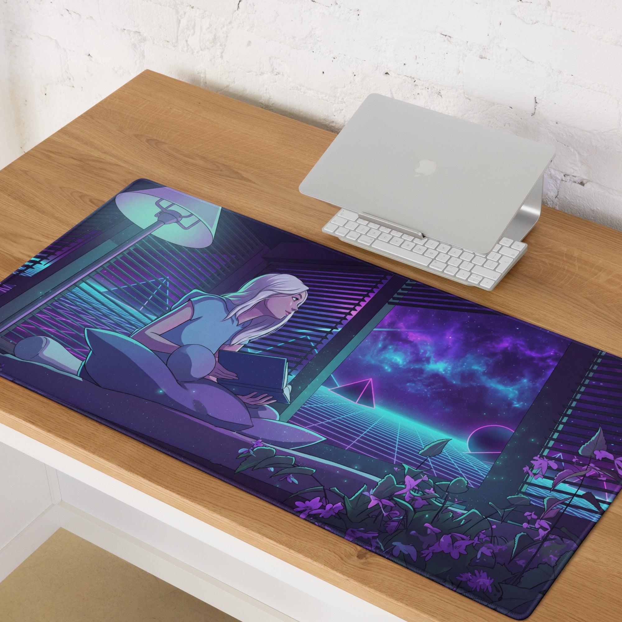 Neon vaporwave gaming desk pad featuring a narrow rectangular mousepad with neon purple and teal cyberpunk anime design