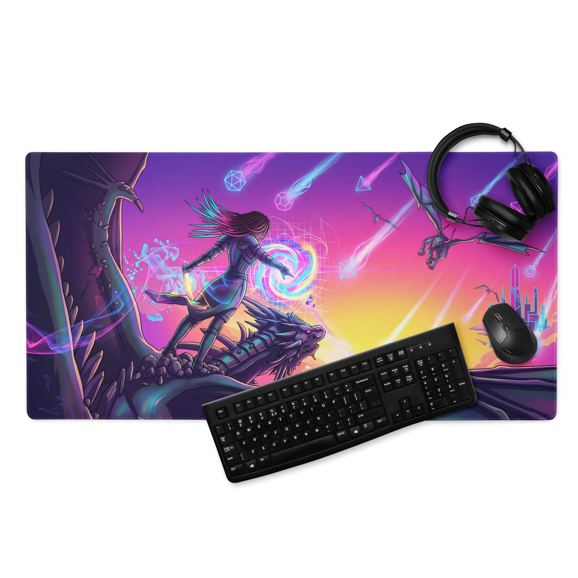 Vibrant purple and pink neon vaporwave dragon gaming mouse pad with fantasy warrior and cosmic backdrop for retro gaming