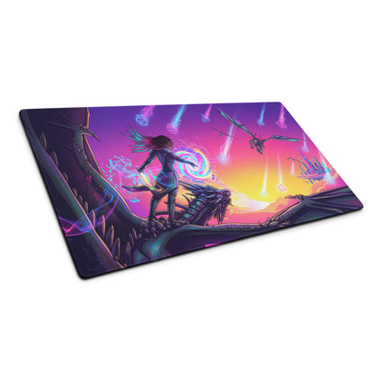 Vaporwave dragon mouse pad with vibrant purple and pink fantasy art of a warrior on a dragon against neon sunset