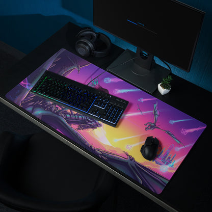 Vaporwave dragon mouse pad with vibrant purple pink gradient and glowing neon dragon for retro futuristic gaming