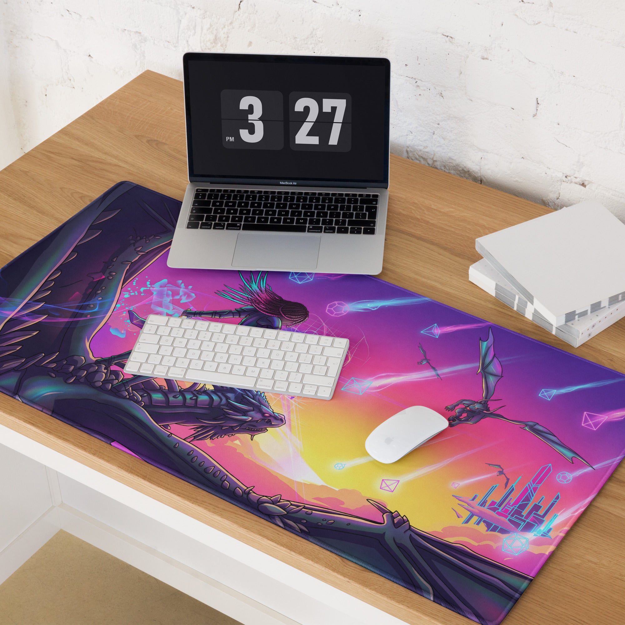 Vaporwave dragon mouse pad with vibrant purple pink gradient featuring detailed dragons fantasy architecture and neon shapes