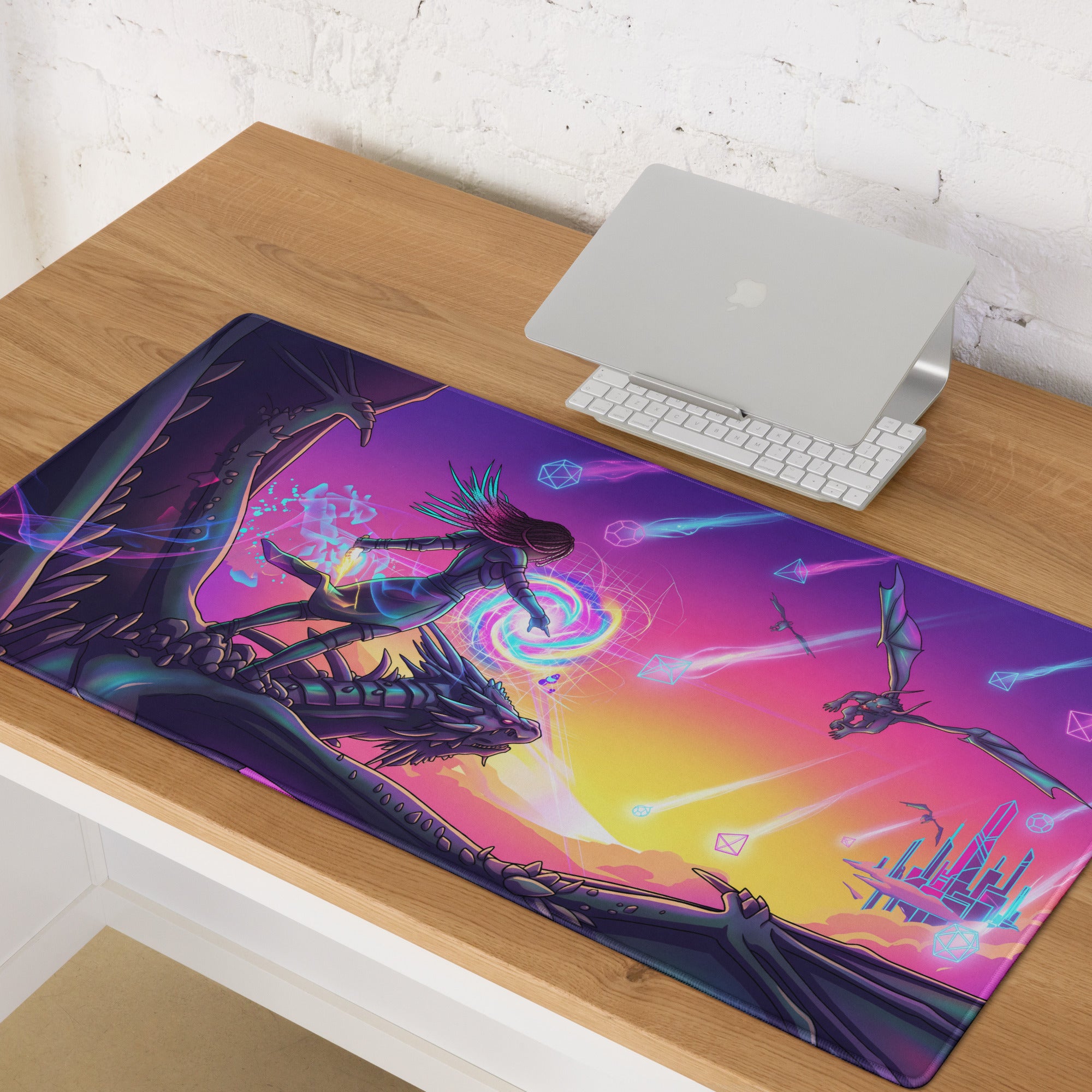Vibrant purple and pink gradient vaporwave dragon gaming mouse pad with fantasy warrior dragon cosmic digital art design