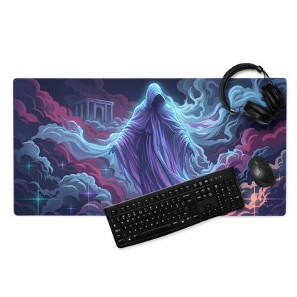 Vaporwave neon mouse pad with vibrant purple and blue cosmic design featuring a hooded figure and swirling clouds