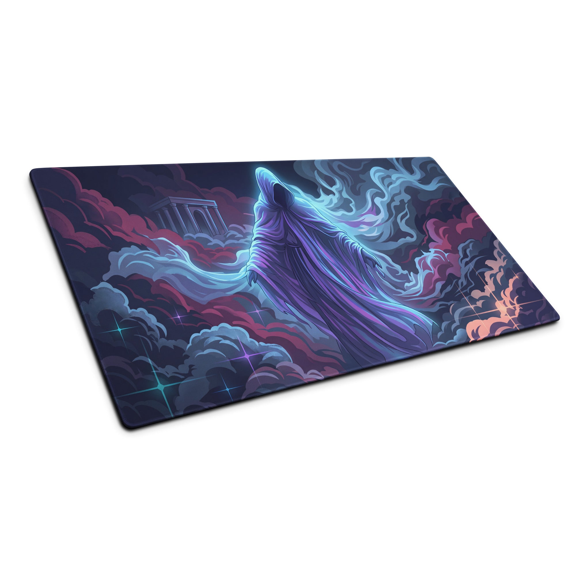 A rectangular vaporwave neon mouse pad with a vibrant cloaked figure design in purple blue and pink for gaming