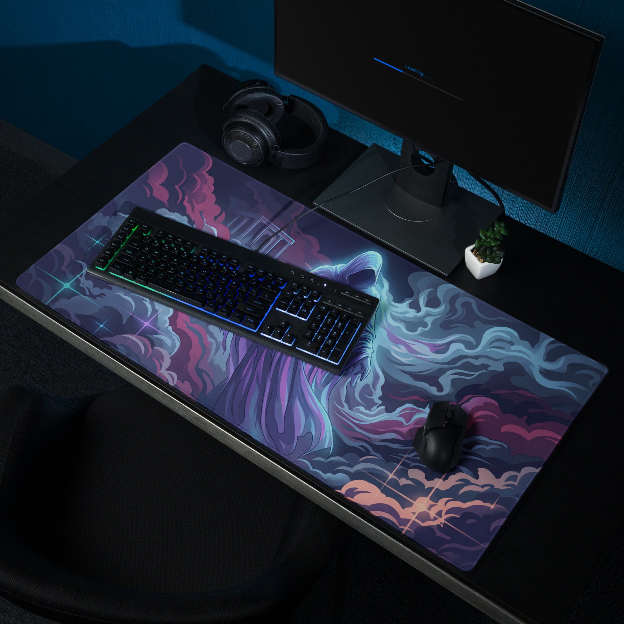 Vibrant purple and blue nebula-themed gaming mousepad with glossy finish ideal for vaporwave neon gaming setups