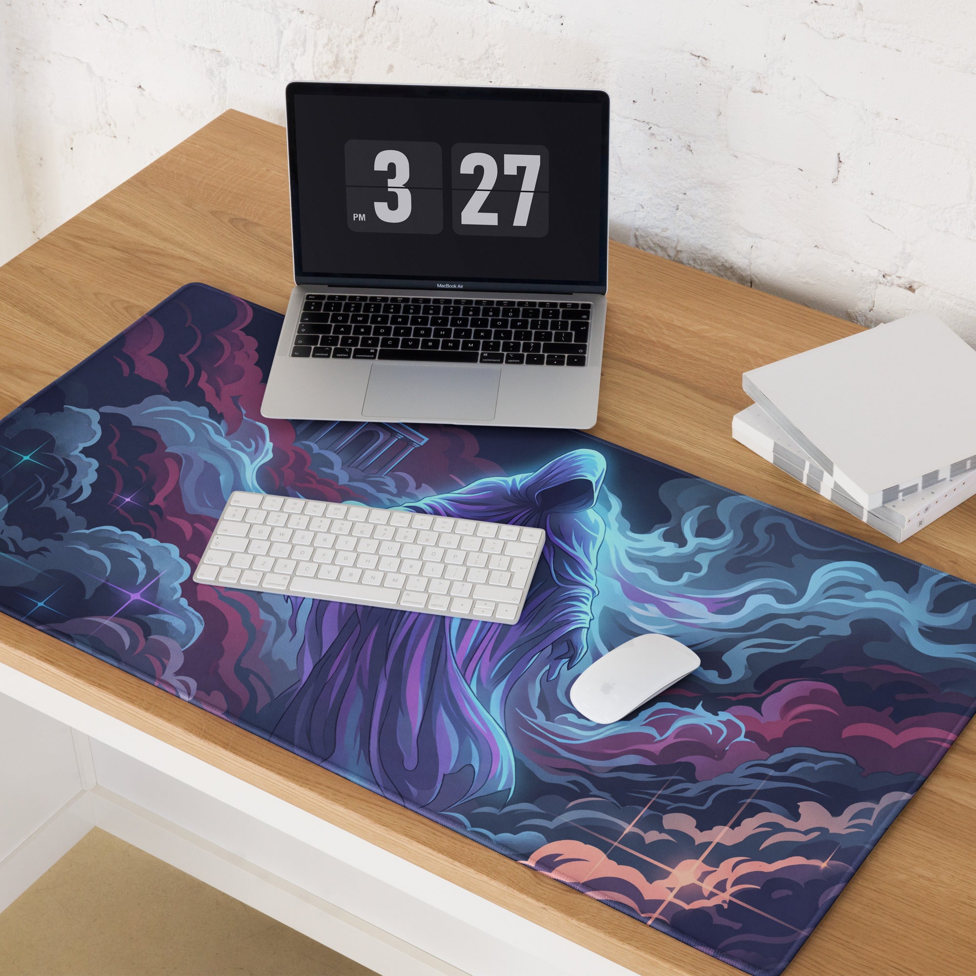 Vaporwave neon mouse pad featuring vibrant cosmic swirling nebula patterns in purple blue and pink for gaming and decor