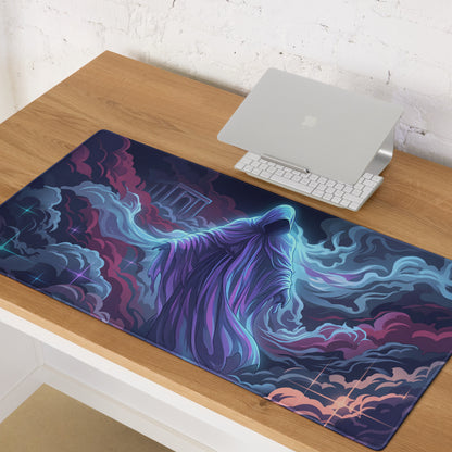 A rectangular vaporwave neon mouse pad with a vibrant hooded figure in purple blue and pink cosmic clouds design