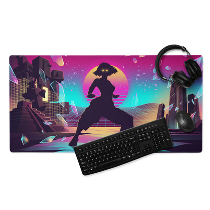 Vaporwave neon city mouse pad featuring a vibrant silhouette of a woman against neon pink and teal sunset with geometric cityscapes
