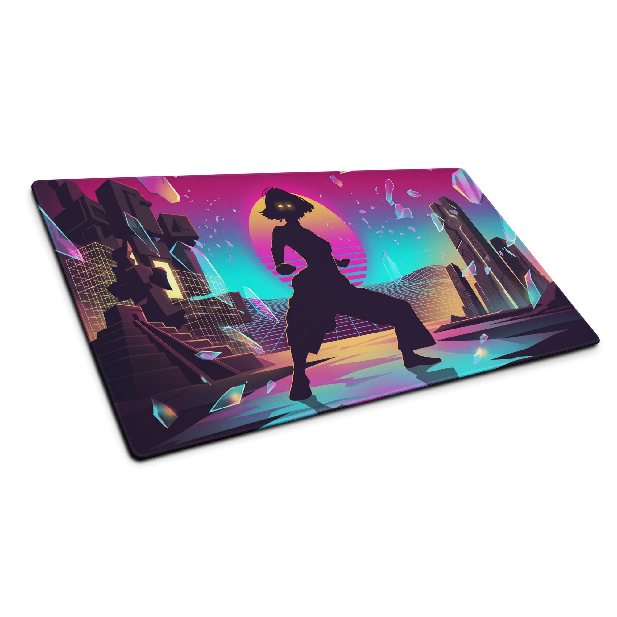 Vaporwave neon city mouse pad with vibrant neon pink and teal cyberpunk dancer silhouette on rectangular synthwave mat
