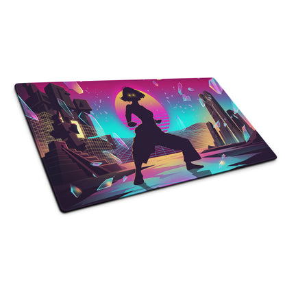 Vaporwave neon city mouse pad with vibrant neon pink and teal cyberpunk dancer silhouette on rectangular synthwave mat