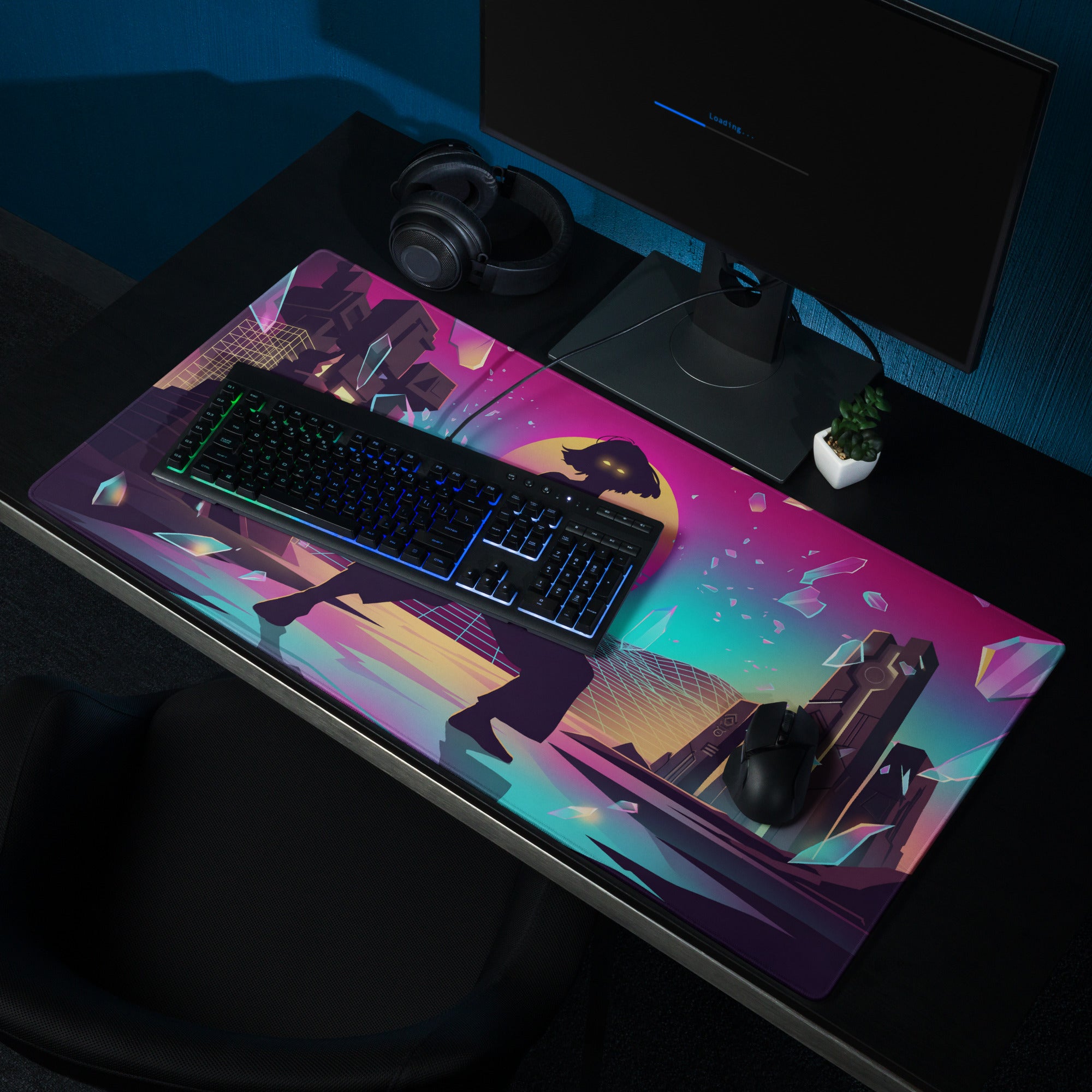 Vaporwave neon city mouse pad with a purple pink gradient featuring a futuristic neon cityscape for gaming desks