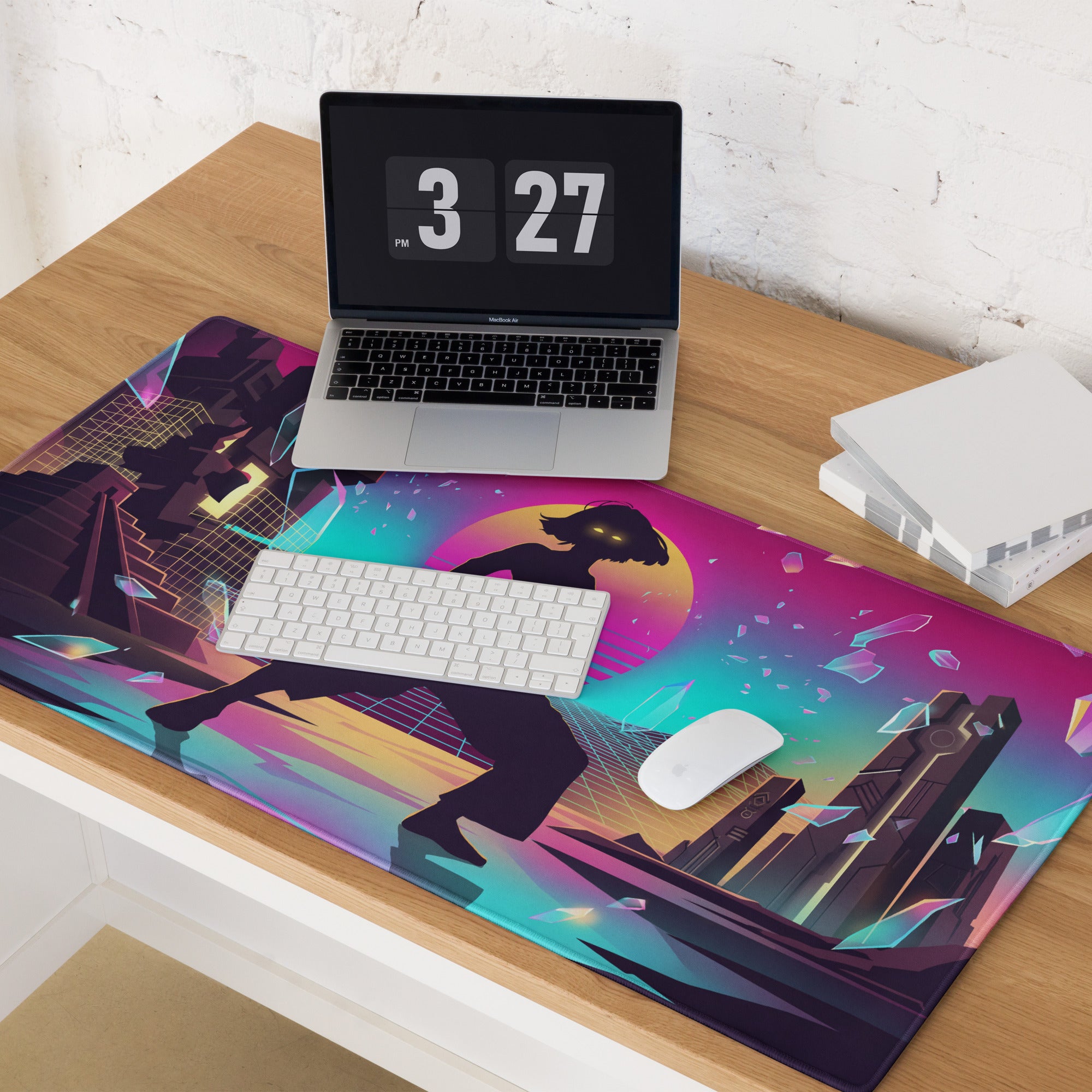 Vibrant neon cyberpunk-themed vaporwave mouse pad with purple pink gradient and silhouette against glowing sunset cityscape