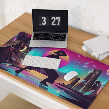 Vibrant neon cyberpunk-themed vaporwave mouse pad with purple pink gradient and silhouette against glowing sunset cityscape